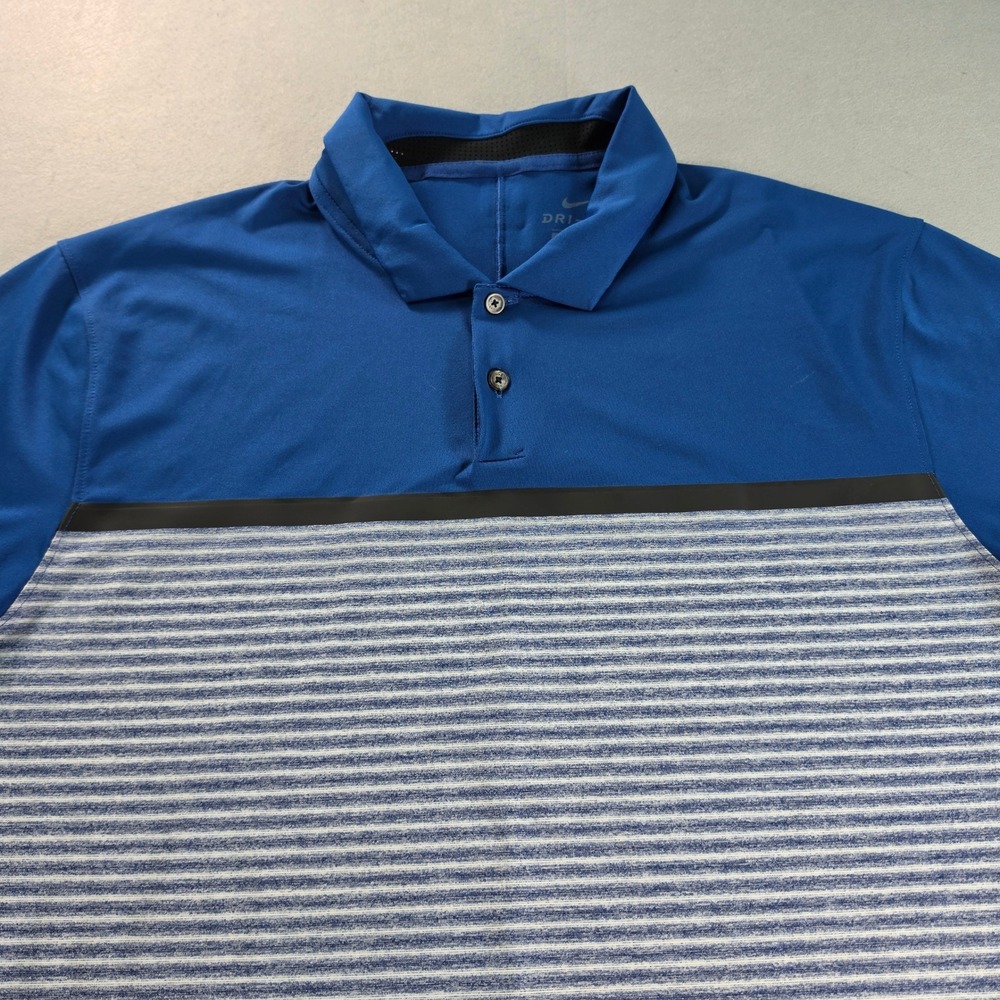 Nike Tiger Woods Dri-FIT Golf Polo Mens Large Blue Striped Allianz Logo TW Shirt - Picture 2 of 7